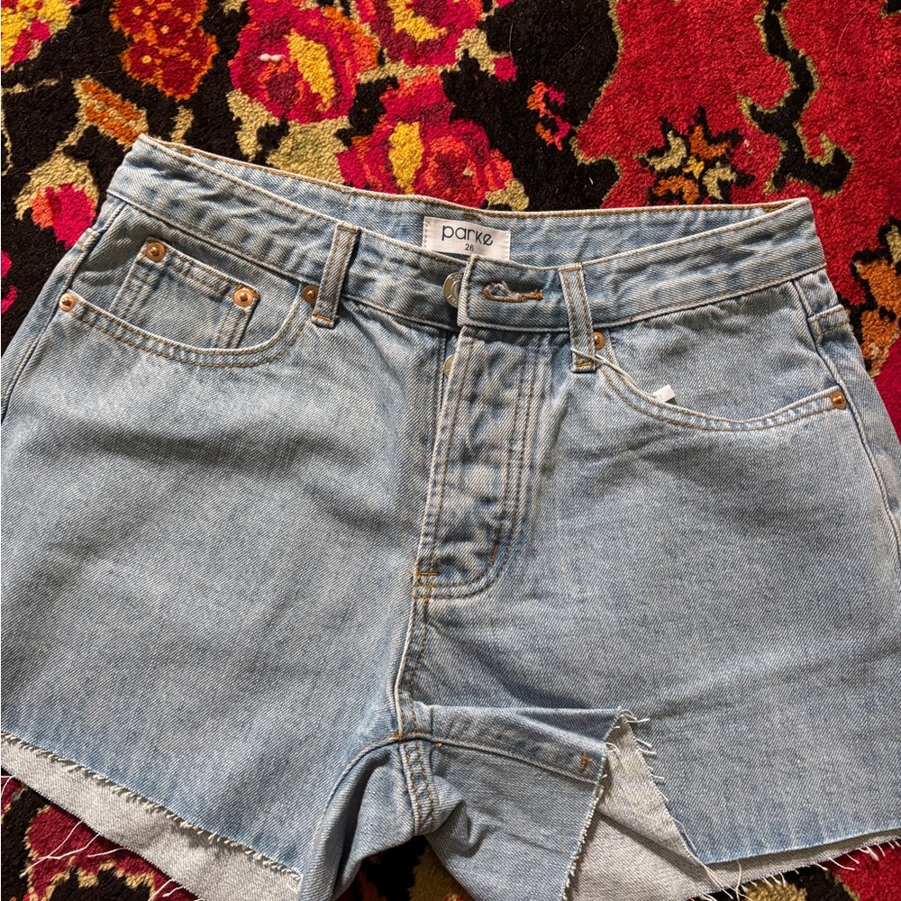 PARKE Blue Jean Shorts with Raw Hem and Relaxed Fit